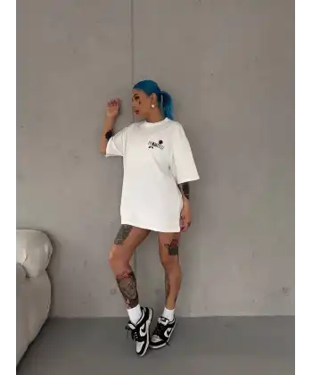 Kadın Bisiklet Yaka Baskılı Kısa kol Oversize T-Shirt - Beyaz