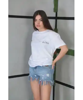 Kadın Bisiklet Yaka Baskılı Kısa kol Oversize T-Shirt- Beyaz