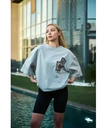 kadın Bisiklet Yaka Baskılı Kısa kol Oversize T-Shirt - Boyalı Gri