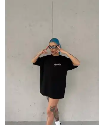 Kadın Bisiklet Yaka Baskılı kısa kol Oversize T-Shirt - Siyah