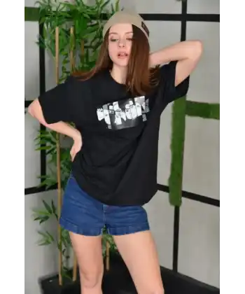Kadın Bisiklet Yaka Baskılı  Kısa kol Oversize T-Shirt - Siyah