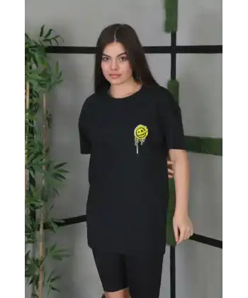 Kadın Bisiklet Yaka Baskılı  Kısa kol Oversize T-Shirt - Siyah