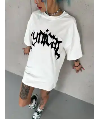 kadın Bisiklet Yaka Baskılı Oversize  Kısa kol T-Shirt - Beyaz
