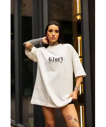 kadın Bisiklet Yaka Baskılı Oversize  Kısa kol T-Shirt - Beyaz