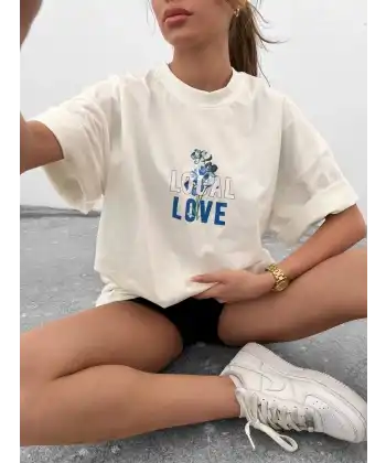 kadın Bisiklet Yaka Baskılı oversize  Kısa kol T-Shirt - Beyaz