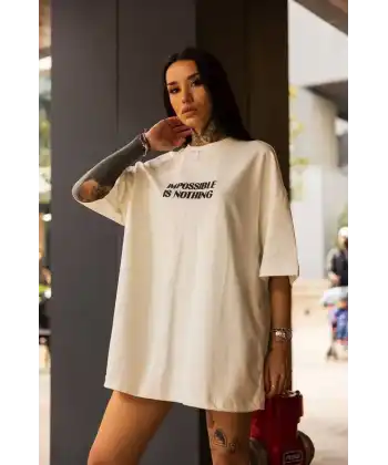 Kadın Bisiklet Yaka Baskılı Oversize  Kısa kol T-Shirt - Beyaz