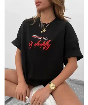 kadın Bisiklet Yaka Baskılı Oversize  Kısa kol T-Shirt - Siyah