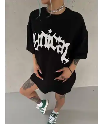 kadın Bisiklet Yaka Baskılı Oversize Kısa kol  T-Shirt - Siyah
