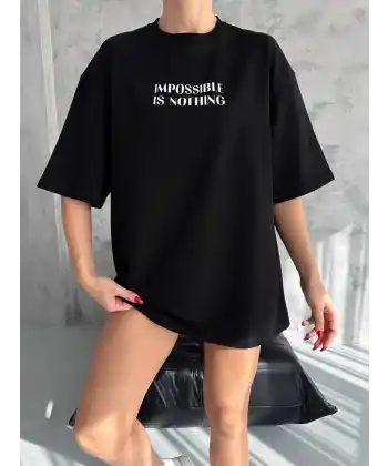 kadın Bisiklet Yaka Baskılı Oversize  Kısa kol T-Shirt - Siyah