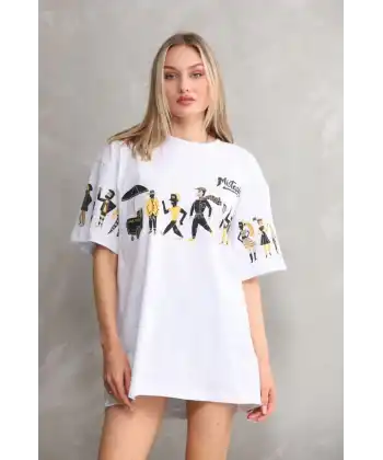 kadın Bisiklet Yaka Baskılı Oversize T-Shirt - Beyaz