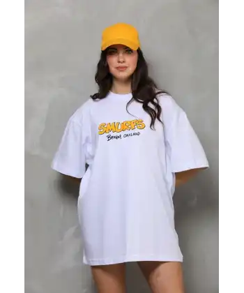 kadın Bisiklet Yaka Baskılı Oversize T-Shirt - Beyaz
