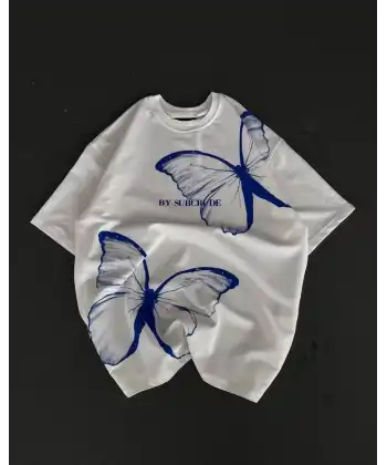 kadın  Bisiklet Yaka Baskılı Oversize T-Shirt - Beyaz