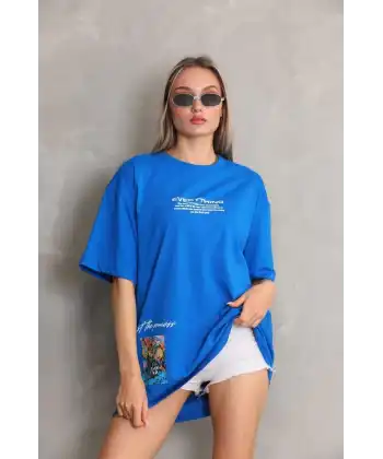 kadın Bisiklet Yaka Baskılı Oversize T-Shirt - Mavi