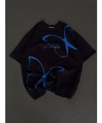 kadın Bisiklet Yaka Baskılı Oversize T-Shirt - Siyah