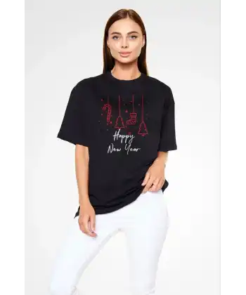 kadın Bisiklet Yaka  Kısa kol Baskılı Oversize T-Shirt - Siyah