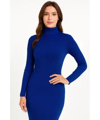 Kadın Boğazlı Triko Elbise – Uzun Fitilli Esnek Dokuma, Tam Kalıp, Kışlık & Baharlık Şık Rahat Stil, 130 cm Midi Boy Elbise - Saks Mavisi