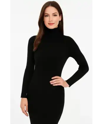 Kadın Boğazlı Triko Elbise – Uzun Fitilli Esnek Dokuma, Tam Kalıp, Kışlık & Baharlık Şık Rahat Stil, 130 cm Midi Boy Elbise - Siyah