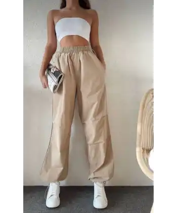 Kadın Cepli Paraşut Pantolon - Bej