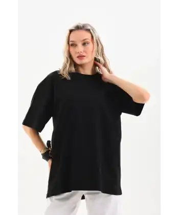 Kadın Düz  Kısa kol Penye T-shirt - Siyah