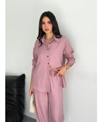 Kadın Gömlek Pantolon ikili Alt-Üst Takım - Toz Pembe