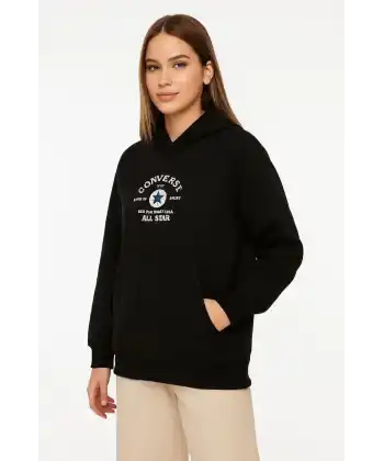 Kadın Kapşonlu Sweatshirt – Üç İplik Şardonlu Kumaş, Oversize Fit, Ön & Arka Baskılı, Kanguru Cepli, Kışlık Rahat Hoodie- Siyah