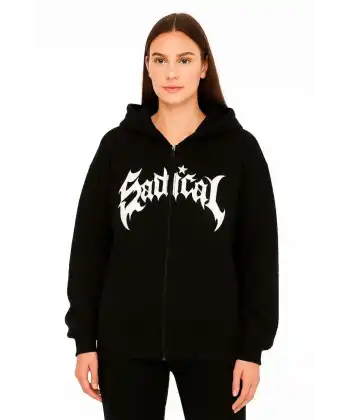Kadın Kapüşonlu 3 İplik Şardonlu Önü Baskılı Fermuarlı Oversize Sweatshirt - Siyah