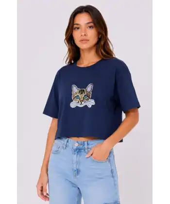 Kadın Kedi Baskılı Oversize Crop Tişört Salaş Basic Yarım Kol T-shirt - Lacivert