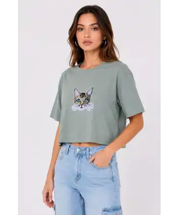 Kadın Kedi Baskılı Oversize Crop Tişört Salaş Basic Yarım Kol T-shirt - Mint Yeşili