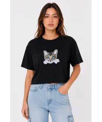 Kadın Kedi Baskılı Oversize Crop Tişört Salaş Basic Yarım Kol T-shirt - Siyah