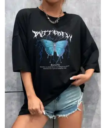Kadın kelebek Baskılı Oversize kısa kol T-Shirt - Siyah