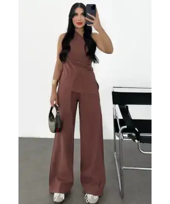 Kadın Keten Asimetrik Tek Omuzlu Bluz Pantalon Takım- Bordo