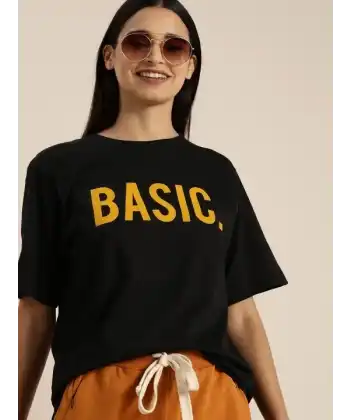 Kadın Kısa Kol Yazlık Tişört Bisiklet Yaka BASIC Baskılı T-Shirt - Siyah