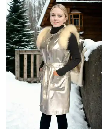 Kadın Kolsuz Hakiki Deri Kürk - Gri