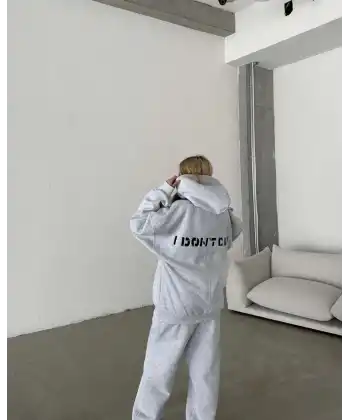 Kadın Nakış İşlemeli 3 İplik Pamuklu Sweat Alt-Üst Takım- Gri