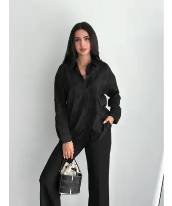 Kadın Nakışlı Uzun Kollu Gömlek - Siyah