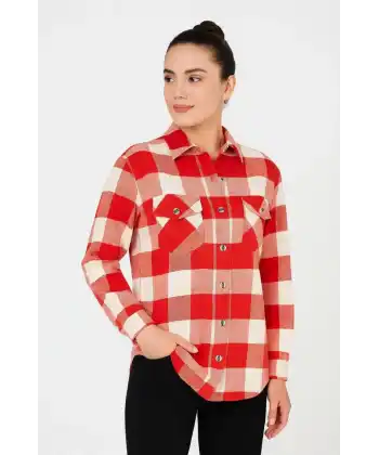 Kadın Oduncu Gömlek – Uzun Kollu, Şardonlu Kumaş, Kırmızı Beyaz Kareli Desen, Regular Fit, Çift Cepli, Manşetli Günlük Şık Stil - Bordo