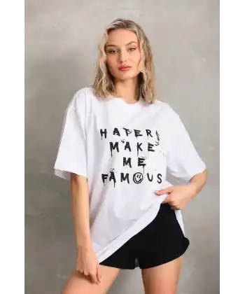 Kadın ön ve arka Baskılı Oversize Kısa kol  T-Shirt - Beyaz