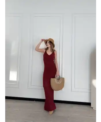 Kadın Örgülü Uzun Triko Elbise - Bordo