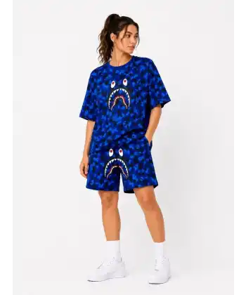 Kadın Oversize Kalıp Pubg Bape X Shark Nakışlı Cepli Şort Takım - Mavi