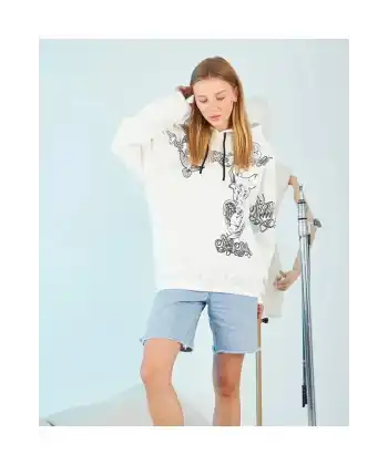 Kadın Oversize Kapüşonlu Baskılı 3 İplik Pamuklu Hoodie Sweatshirt - B