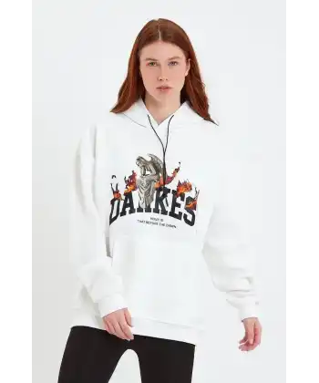 Kadın Oversize Kapüşonlu Cepli Baskılı 3 İplik Pamuklu Hoodie Sweatshirt - Beyaz