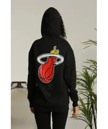 Kadın Oversize Kapüşonlu Cepli Baskılı 3 İplik Pamuklu Hoodie Sweatshirt - Siyah