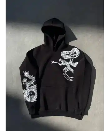 Kadın Oversize Kapüşonlu Cepli Baskılı 3 İplik Pamuklu Hoodie Sweatshirt - Siyah