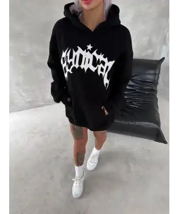 Kadın Oversize Kapüşonlu Cepli Baskılı 3 İplik Pamuklu Hoodie Sweatshirt - Siyah