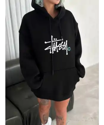 Kadın Oversize Kapüşonlu Cepli Baskılı 3 İplik Pamuklu Hoodie Sweatshirt - Siyah