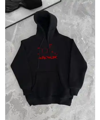 Kadın Oversize Kapüşonlu Cepli Baskılı 3 İplik Pamuklu Hoodie Sweatshirt - Siyah