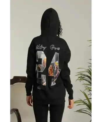 Kadın Oversize Kapüşonlu Cepli Baskılı 3 İplik Pamuklu Hoodie Sweatshirt - Siyah