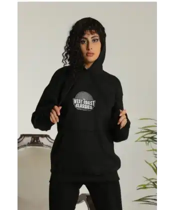 Kadın Oversize Kapüşonlu Cepli Baskılı 3 İplik Pamuklu Hoodie Sweatshirt - Siyah