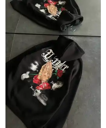 Kadın Oversize Kapüşonlu Cepli Baskılı 3 İplik Pamuklu Hoodie Sweatshirt - Siyah