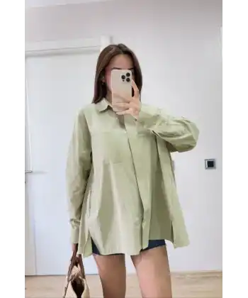 Kadın Oversize Pens Detaylı Cepli Yırtmaçlı Rahat Kalıp Poplin Gömlek - Yeşil